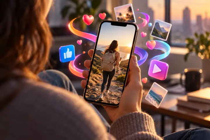 Redaktionelles Foto einer Hand, die ein Smartphone mit einem Kurzvideo auf dem Bildschirm hält, umgeben von farbenfrohen, abstrakten Social-Media-Motiven.