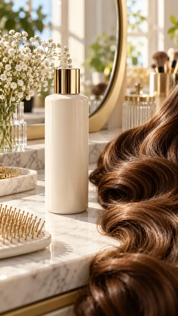 Standbild eines vertikalen Beauty-Videos: Eine Frau mit glänzendem, gelocktem Haar in einem hellen Zuhause, mit entspannter Beleuchtung im Creator-Stil.