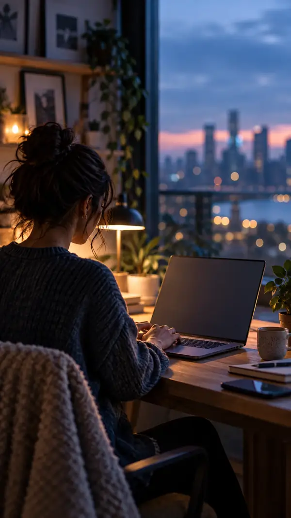 Filmisches Standbild eines vertikalen Videos: Eine Person arbeitet in einem sanft beleuchteten Arbeitsbereich an einem Laptop, mit stimmungsvollen Blautönen und authentischer Atmosphäre.