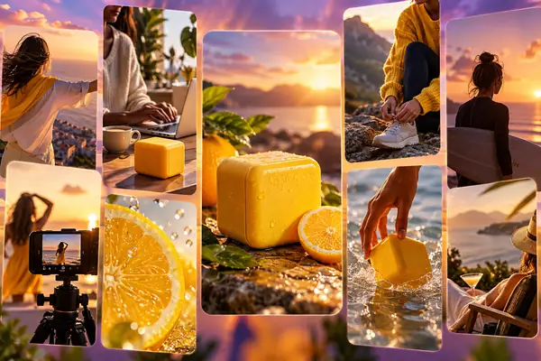 Hochwertige Collage aus überlappenden vertikalen Videoanzeigen-Frames für ein leuchtend gelbes Zitrusprodukt, die Creator-Aufnahmen, Produktnahaufnahmen und Lifestyle-Fotografie vor einem sanften violett-orangefarbenen Leuchten kombiniert.