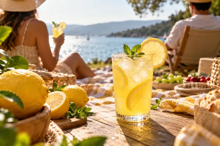 Helles Werbefoto eines gekühlten Zitrusgetränks bei einem Picknick im Freien, mit leuchtend gelben Früchten und Sonnenschein.