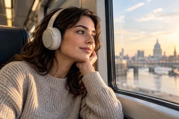 Lifestyle-Fotografie einer pendelnden Person mit kabellosen Kopfhörern am Zugfenster, mit weichem Tageslicht und modernem Styling.