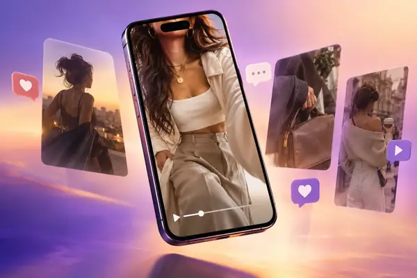 Ausgefeilte redaktionelle Komposition eines Smartphones, das eine Mode-Videoanzeige zeigt, mit schwebenden Details einer Social-Video-Oberfläche vor einem violett-pfirsichfarbenen Farbverlauf.