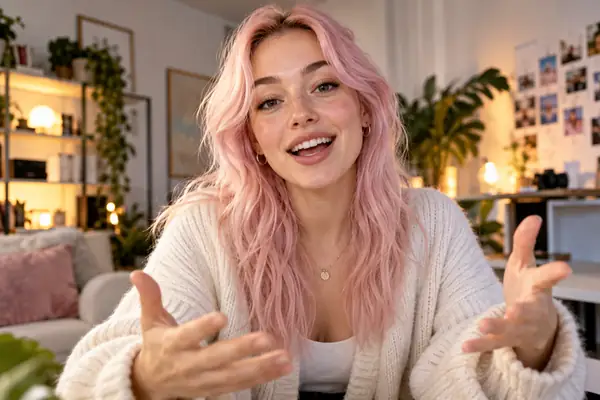 Ungezwungenes Videoporträt einer fröhlichen Content-Creatorin mit blassrosa Haaren, die in einem sanft beleuchteten Heimstudio direkt in die Kamera spricht.