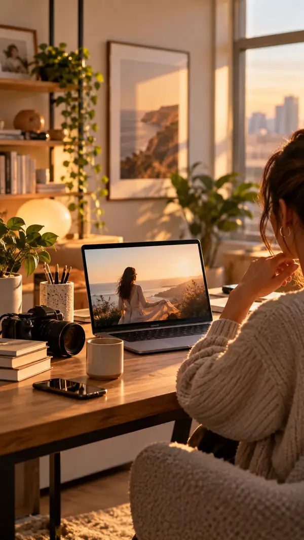 Moderne Produktfotografie eines kleinen Wohnaccessoires in einem warmen Lifestyle-Ambiente, inszeniert wie ein Konzept für eine vertikale Videoanzeige.